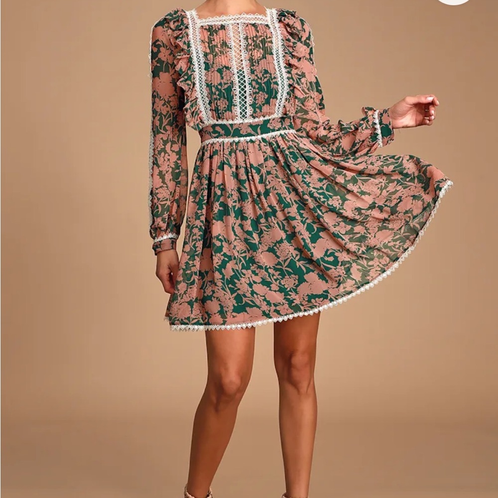 Green & Pink Floral Lace Trim Dress